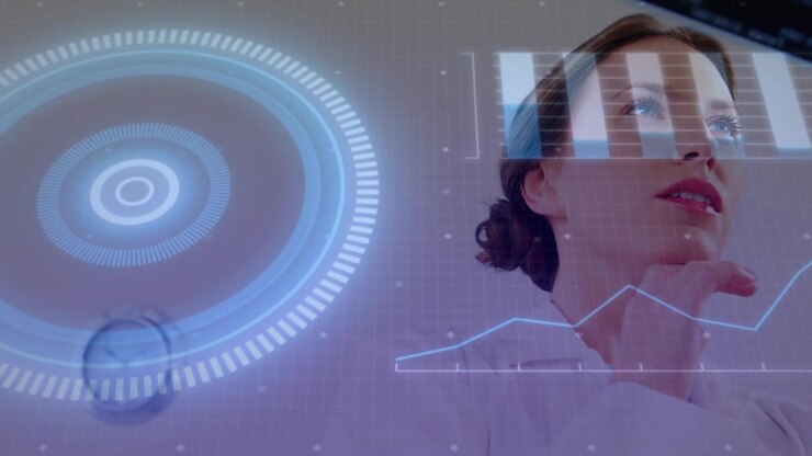 Woman in white coat watching HUD brightening and overlaying medical charts, analyzing patient data