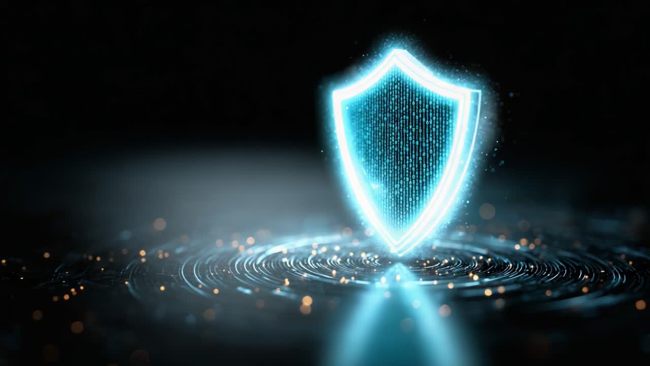 A Glowing Digital Shield Surrounded by Radiant Particles and Rippling Light Effects, Symbolizing Cybersecurity and Protection in a Tech Environment