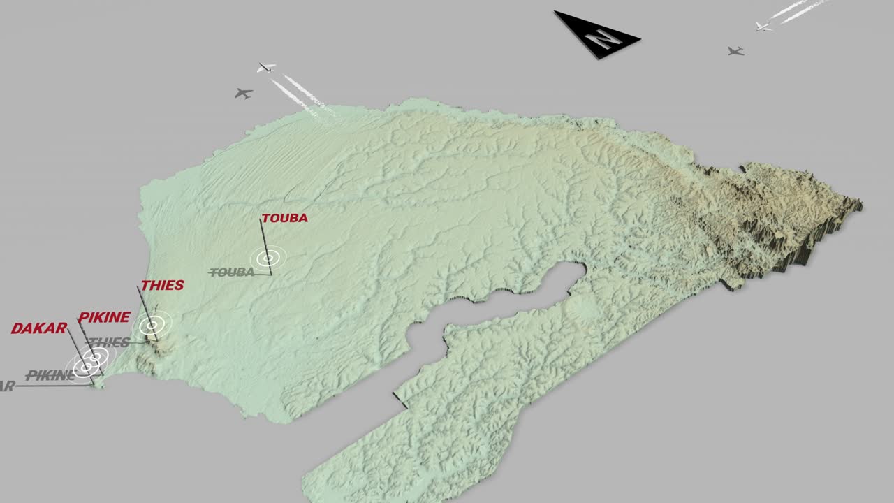 세네갈의 3d 지형 지도