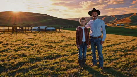 father and son at sunset on the farm