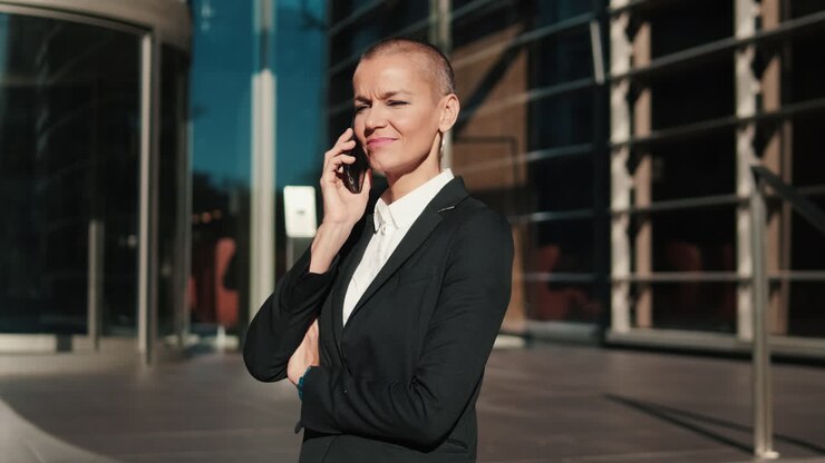 Professional Woman Talking on Smartphone Outside Modern Office Building