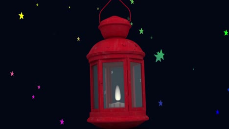 animation of red christmas lamp icon over multiple colorful stars falling against black background