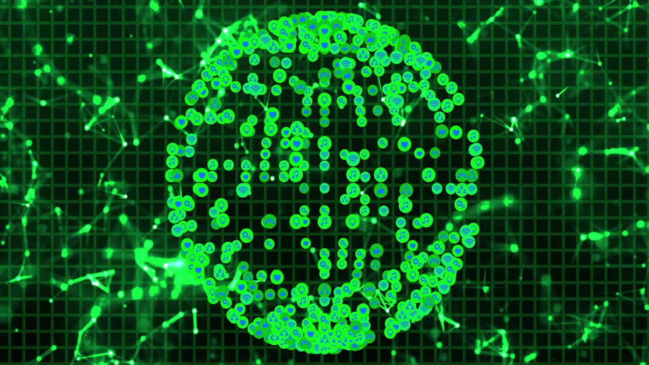 Green-blue node cluster pulsing and shifting after left flare, visualizing signal-driven data shift