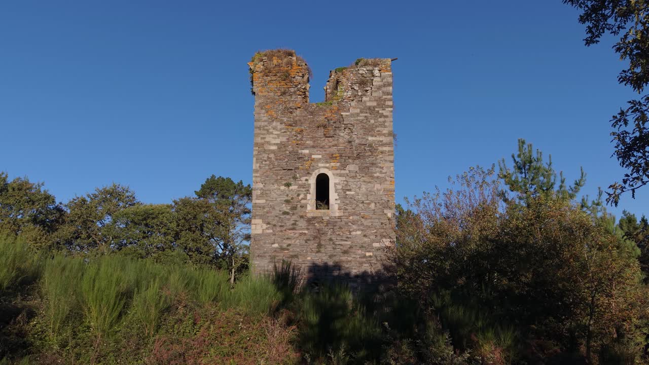Caldaloba Castle - Medieval Fortress Ruin In Cospeito, Lugo, Spain - Drone Shot