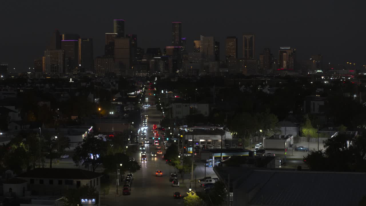 Night View of Houston Skyline and City Streets
