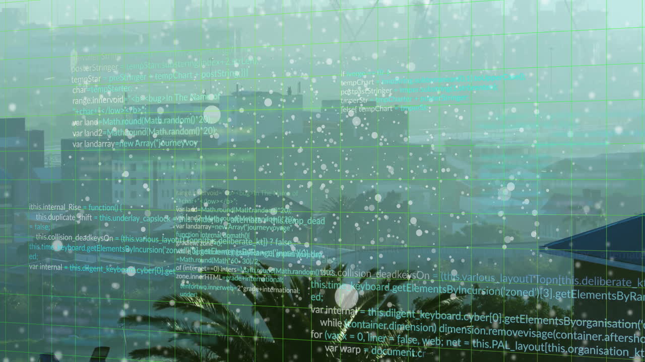 Snowfall animation over cityscape with visible programming code and palm tree