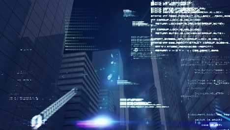 animation of data processing and light spots against aerial view of tall buildings