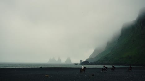 horses running in slowmotion across black sand beach, in a foggy day in vik, iceland