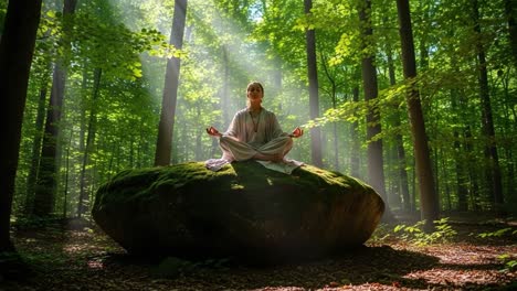 a tranquil meditation amidst lush greenery: exploring inner peace and connection with nature in a serene forest setting
