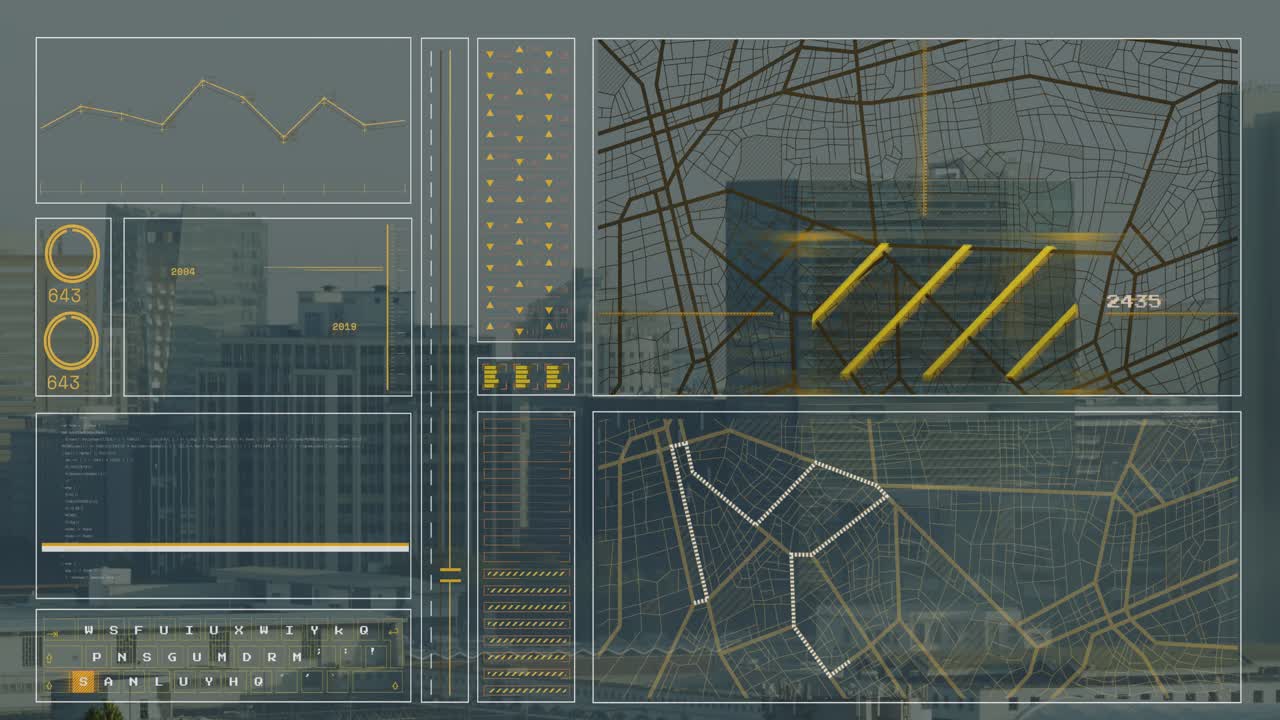 Animation of interface with data processing against aerial view of cityscape