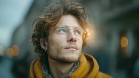 portrait of a man with glasses and headphones looking up outdoors