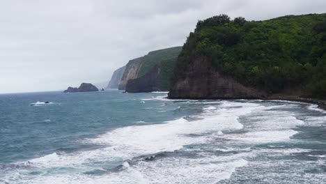 windswept swells push long whitewater lines along a dark beach beneath lush, sheer cliffs, while offshore rock stacks fade in mist and gray skies flatten the horizon