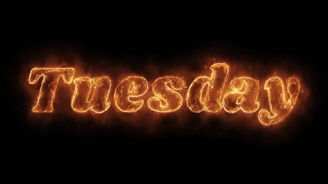 Tuesday word hot animated burning realistic fire flame and smoke seamlessly loop animation on