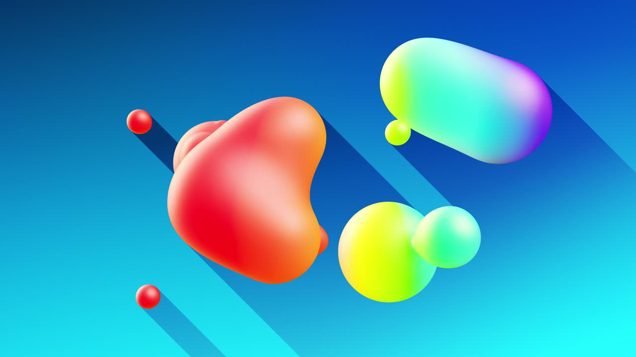 multi-colored balls or bubbles with popular gradient colors and in subsurface glow material fly in the air merge like drops metaballs, spheres casting long shadows. 4k seamless looped background 13