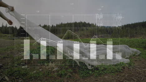 financial data and stock market animation over agricultural field with protective covering