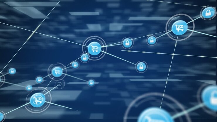 Animation of network of digital icons and multiple square shapes against blue background