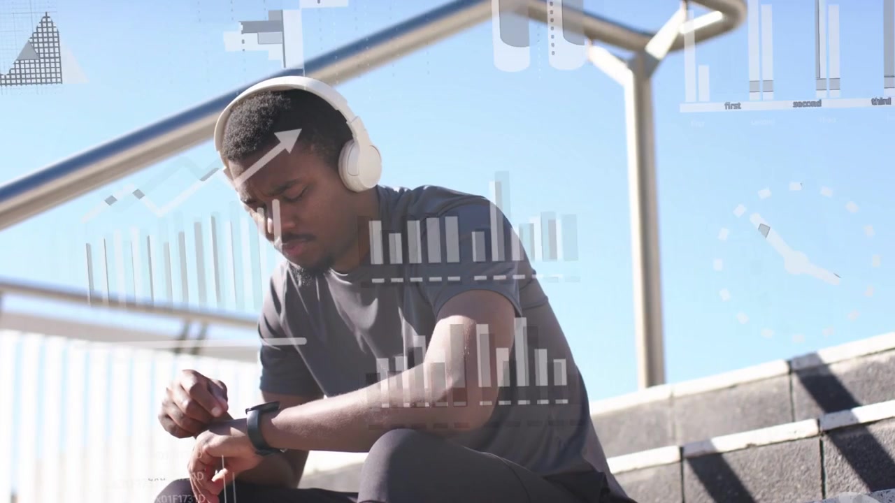 Man seated on steps glancing at wrist tapping smartwatch, checking fitness, charts overlaying scene