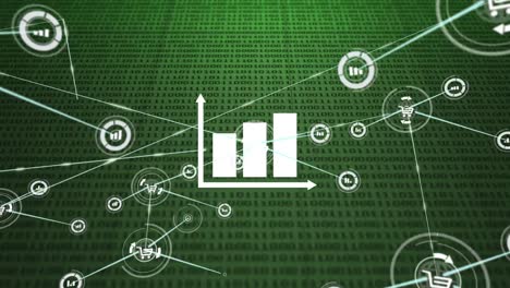 animation of bar graph, network of digital icons and binary coding against green background