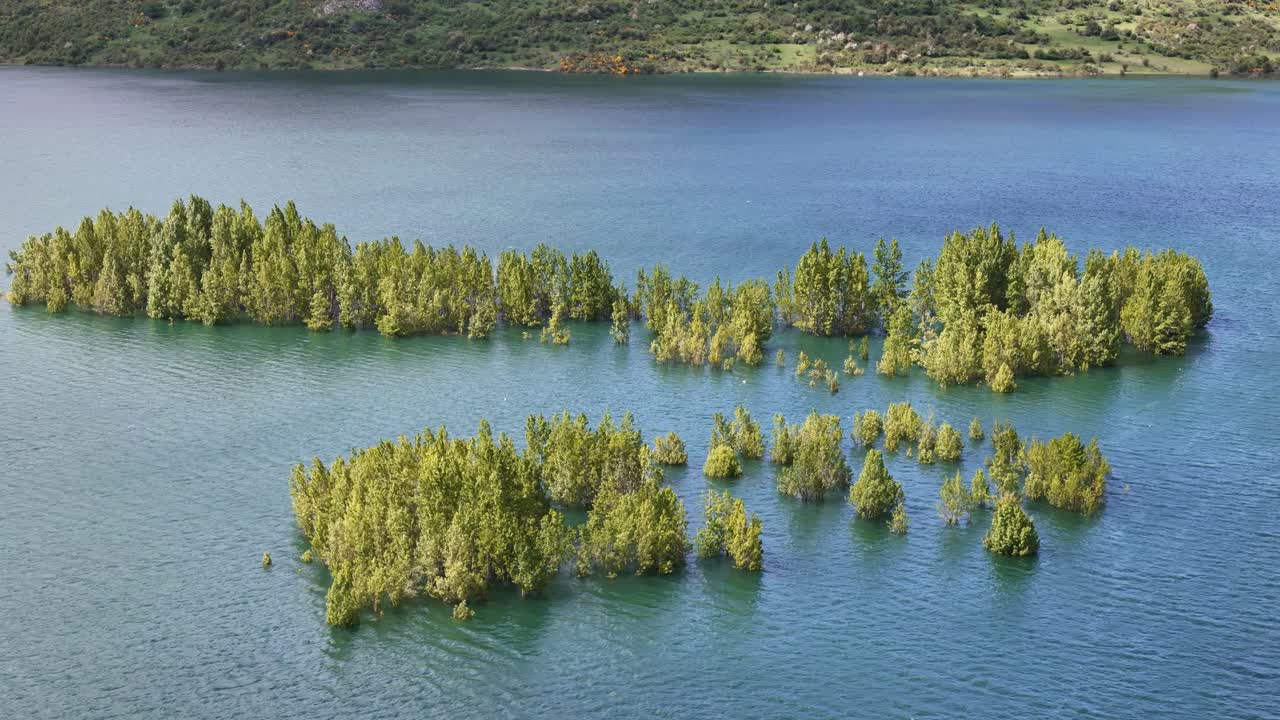 리아노 저수지 (riaño reservoir) 에 있는 물에 잠긴 나무들 (panning drone aerial)