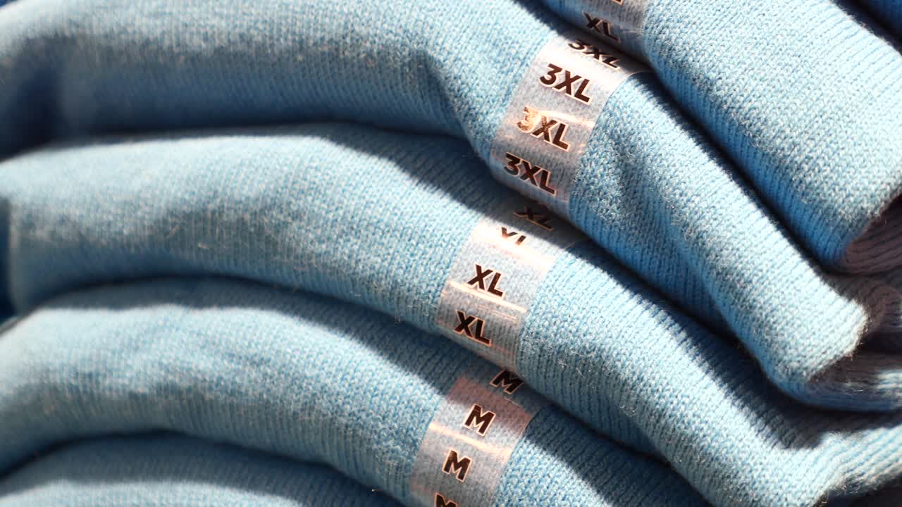 크기 태그가 붙은 파란 스웨터를 전시하고 있습니다.