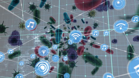 Network of digital icons against covid-19 cells and blood vessels on white background