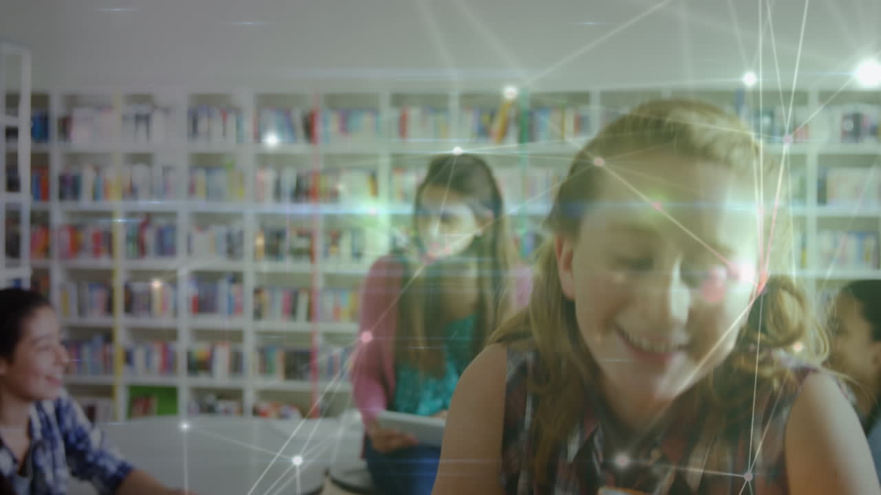 animación de la red de conexiones entre diversos escolares que leen y aprenden en la escuela
