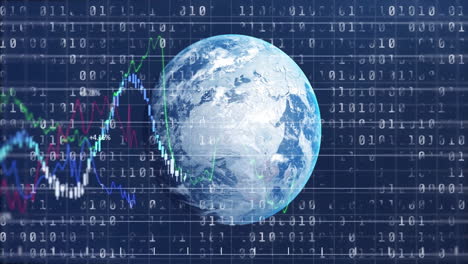 animation of financial data processing over globe on black background