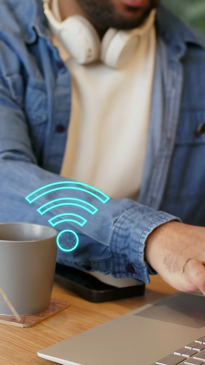 Video verticale: Lavoratore che tocca trackpad e telefono, attivando Wi-Fi e pin di localizzazione, mentre controlla la rete.