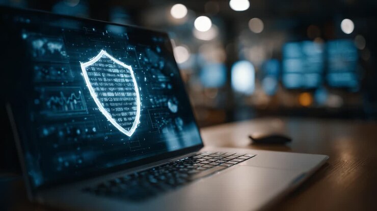 A Modern Cybersecurity Concept Showcasing a Digital Shield with Data Streams on a Laptop Screen in a High-Tech Environment Representing Online Protection and Safety