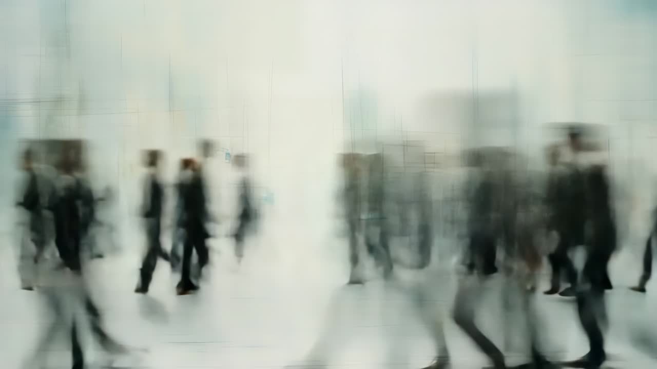 Blurred motion video of people walking in a cityscape. Captured from a low angle, it conveys a sense