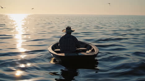 a man fishing from a boat on calm water at sunset