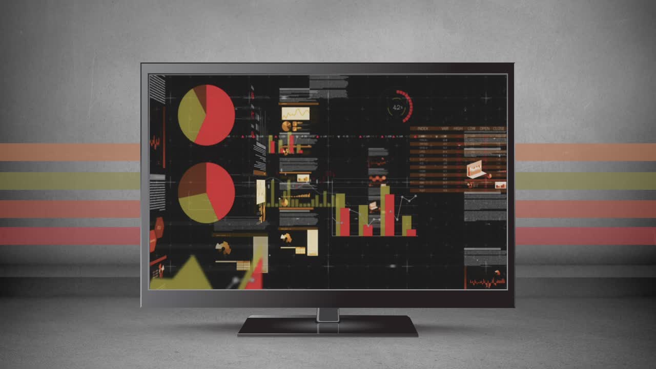 Animation of graphs and data on computer screen over grey background with stripes
