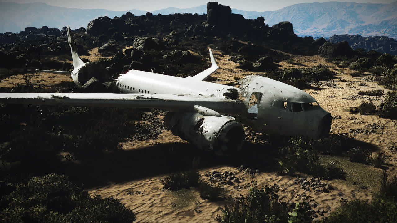 Plane wreckage rests on rugged terrain after a catastrophic crash
