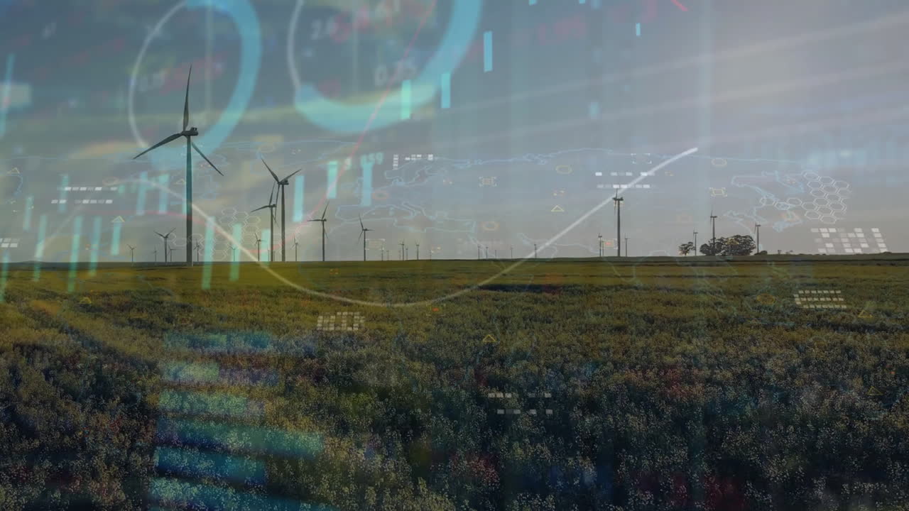 Animation of financial data processing over wind turbines