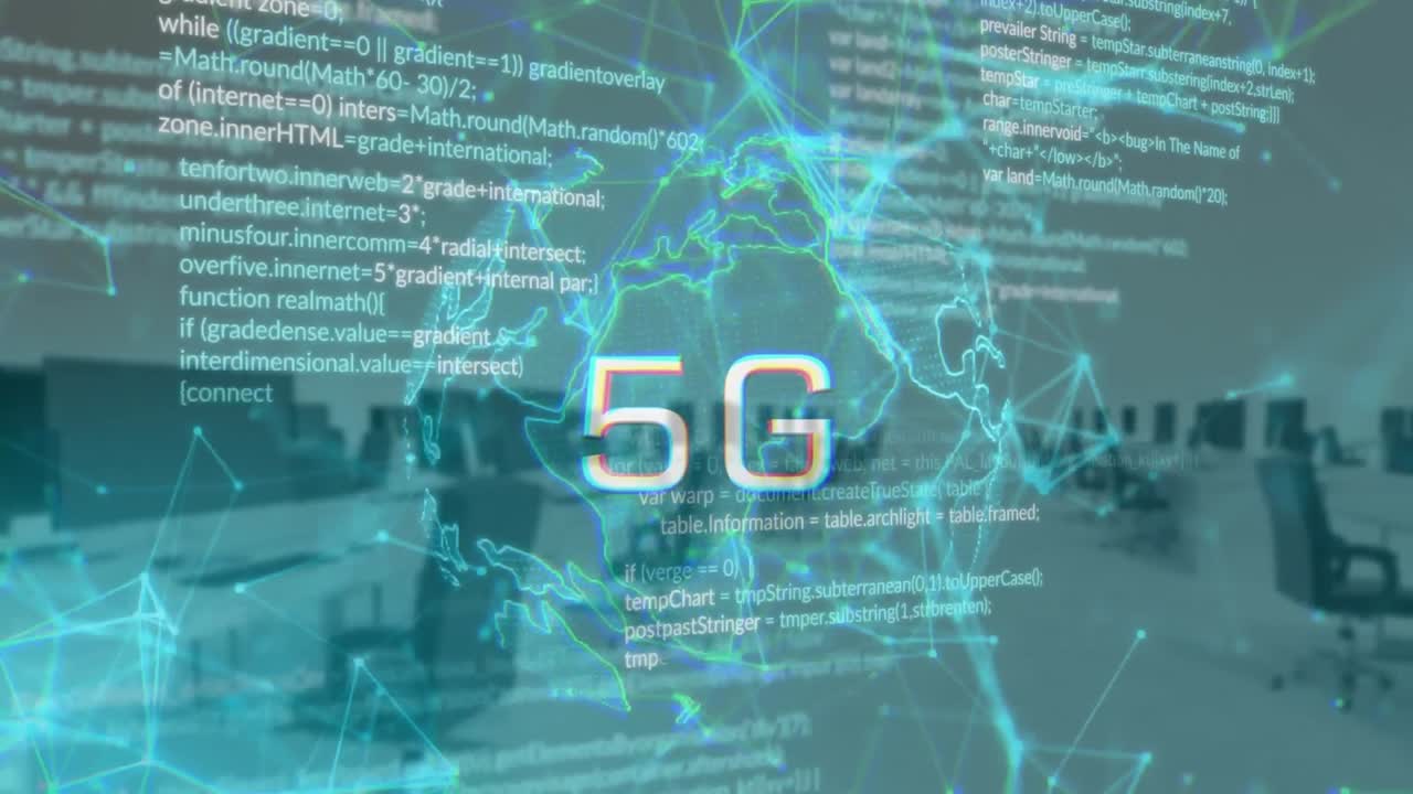 animación de texto 5g sobre el globo, lenguaje de computadora y puntos conectados sobre una oficina vacía