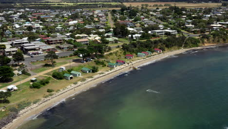 AERIAL-Over-Township-Of-Indented-Head-Coastal-Beach,-Australia