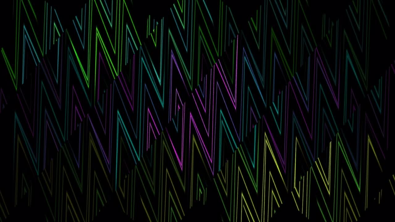 Multicolored zigzag stripes background divided into moving segments, seamless loop. Design. Decorative wall with flowing geometric shapes formed by triangular neon lines