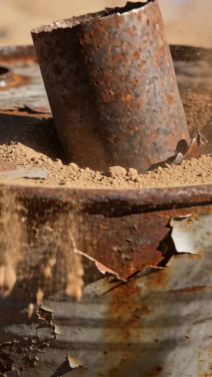 Video verticale: Tubo arrugginito che penetra nella sabbia del tamburo per test industriale di spruzzatura di sabbia con formazione di cratere.