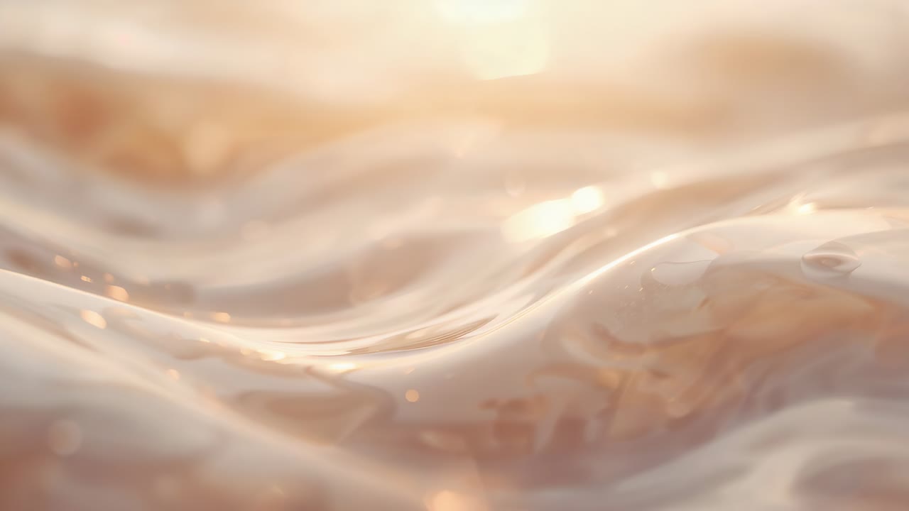 Rippling pearly fluid reacting to warm glow in macro studio, shifting glints and drifting sparkles