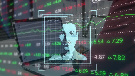 animation of data processing over mid section of a man having a video call on laptop with copy space