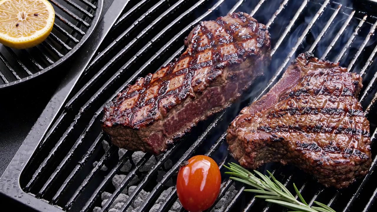 Due succulente bistecche che grigliano su un barbecue a carbone ardente