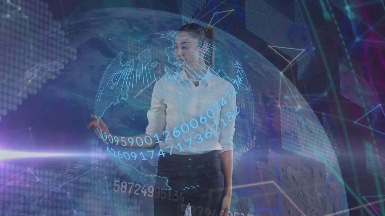animación del globo con números, flechas y conexiones sobre mujer de negocios caucásica