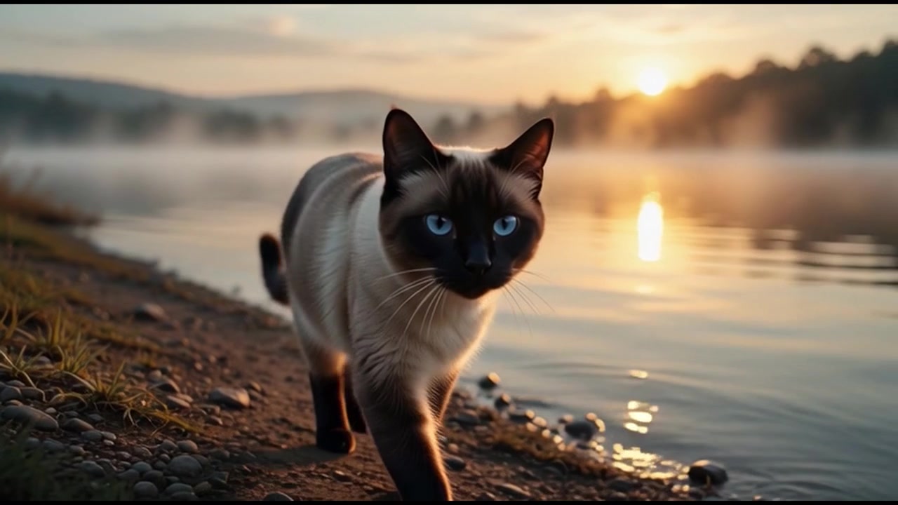Gatto siamese che cammina lungo la riva nebbiosa di un lago all'alba