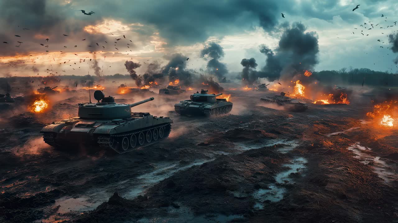 Military tanks rolling through muddy terrain, explosive blasts lighting horizon, scattered birds scattering, depicting gritty combat landscape with fierce battlefield intensity