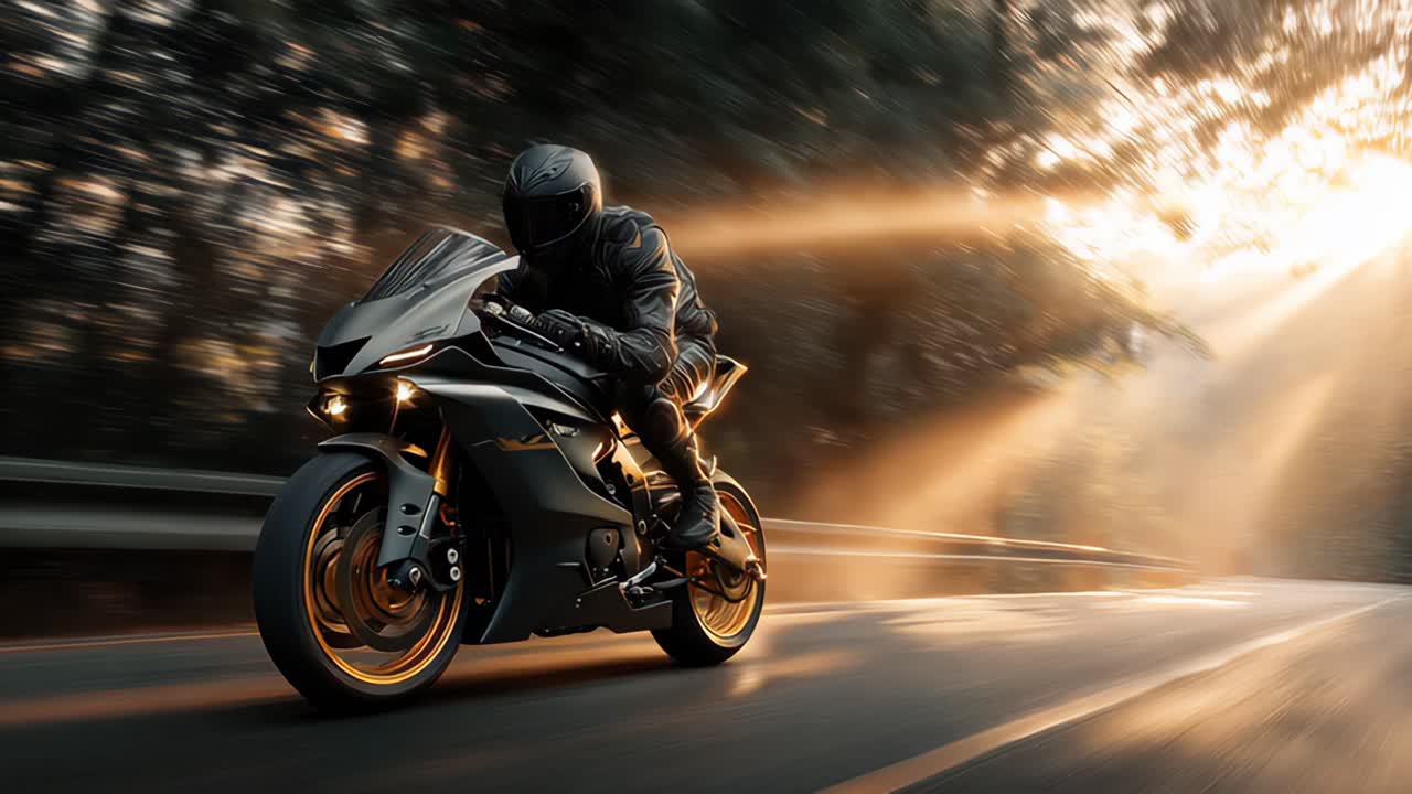 Motorcyclist cruising through forest with sunrays - an exhilarating ride