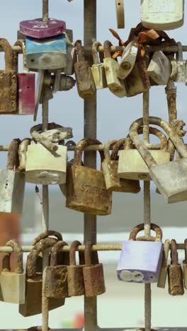 love locks on a metal fence by the beach