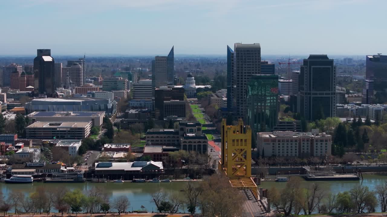 Wide angle drone shot of downtown skyline in Sacramento, California