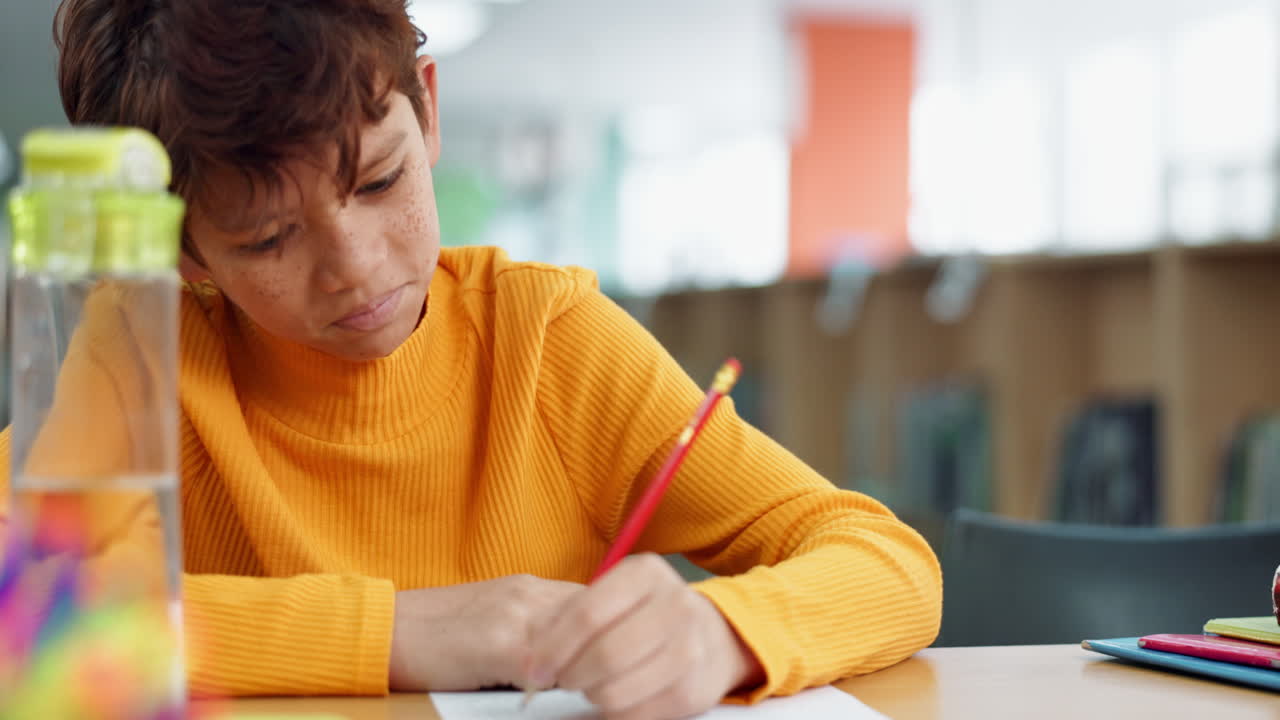 Child writing at desk in library