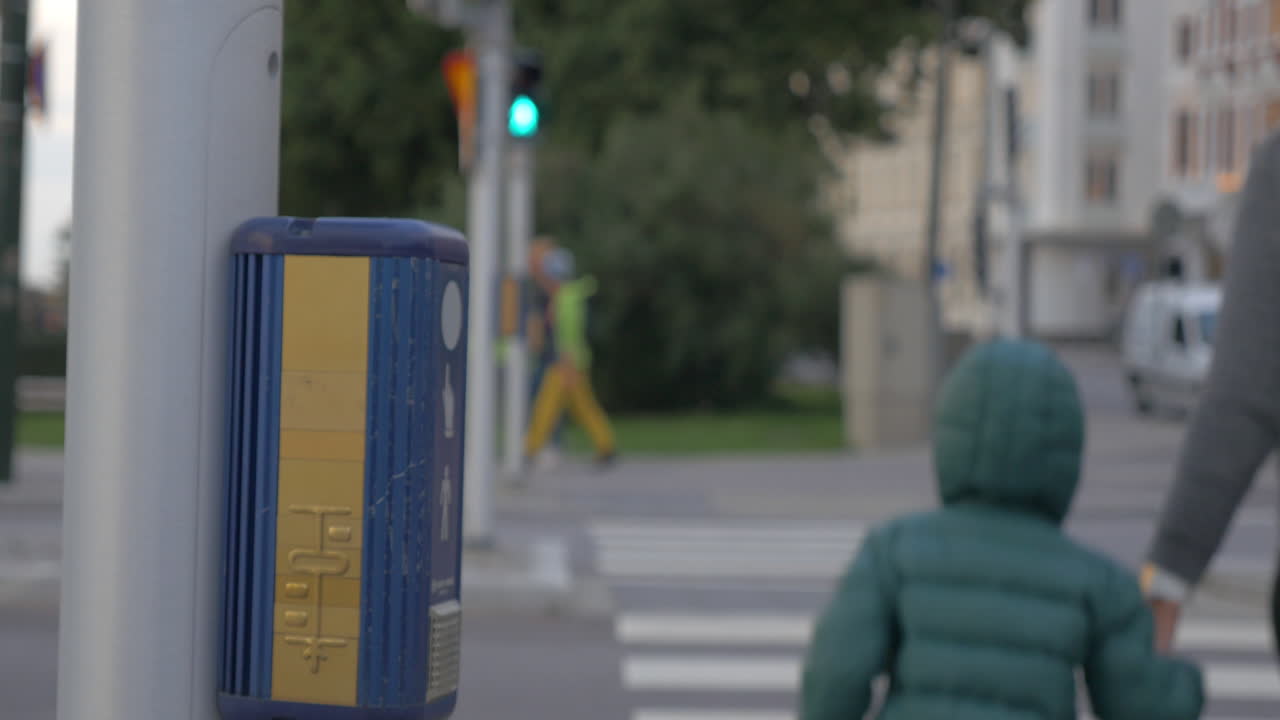 Mother and crossing the road on green light