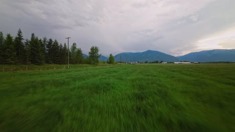 Low-flying-fpv-aerial-over-tractor-tracks-leading-into-grassy-green-farm-field-surrounded-by-mountains-on-bright-cloudy-day-Fast-moving-low-flying-proximity-flight